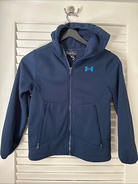 Under Armour Boys Navy Hooded Softshell Jacket with Teal Logo